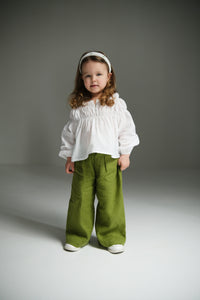 Wide leg linen trousers for kids, offering a breezy and comfortable fit with a stylish wide-leg design